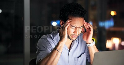 Buy stock photo Night, creative agency and man with headache, laptop for article rejection and blue light exposure. Person, late and journalist in office, migraine and pc for website error, burnout and eye strain