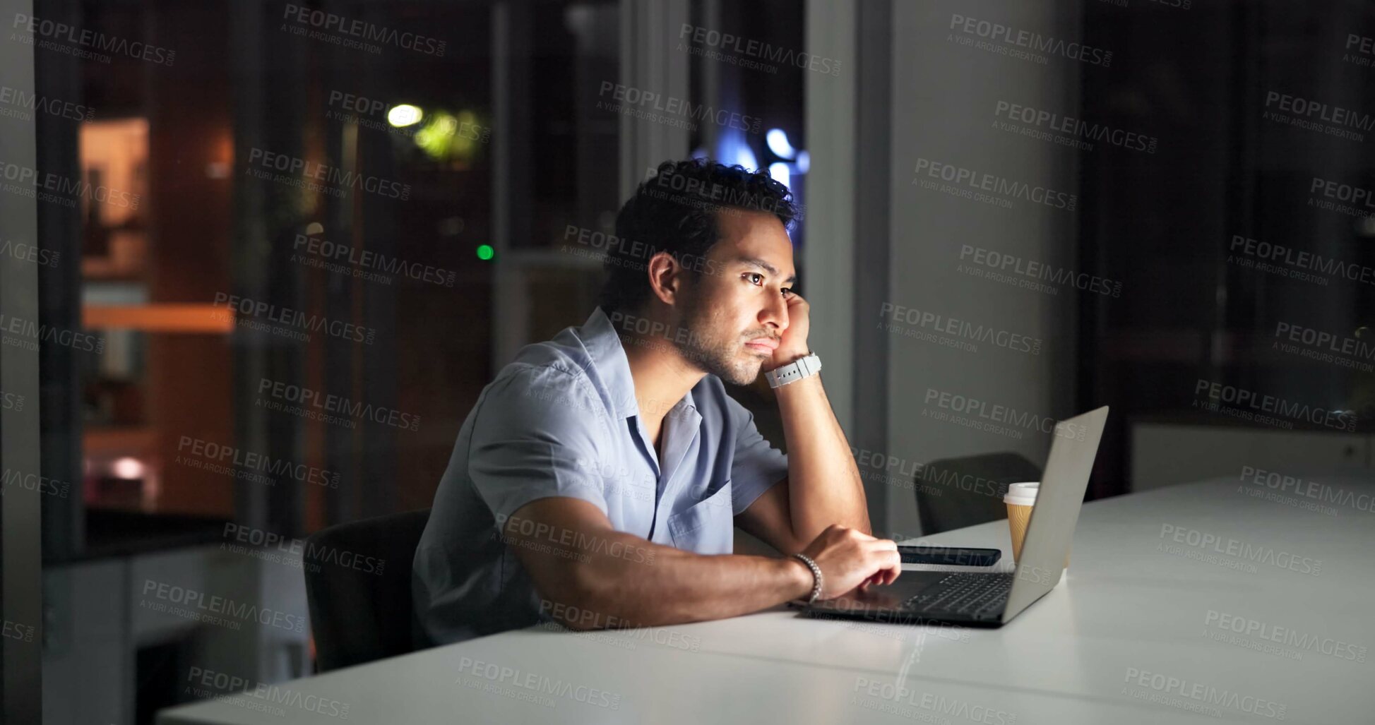 Buy stock photo Bored, laptop and night with business man in office for planning fatigue or research deadline. Computer, reading and tired with exhausted employee at desk in dark workplace for overtime burnout