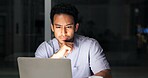 Laptop, reading and thinking with business man in office at night for development or problem solving. Computer, information and planning with employee person at desk in dark workplace for research