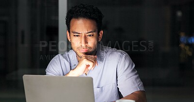 Buy stock photo Laptop, reading and thinking with business man in office at night for development or problem solving. Computer, information and planning with employee person at desk in dark workplace for research