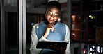 Reading, tablet and thinking with business black woman in office at night for online development. App, information and planning with African employee in dark workplace for research or solution
