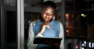 Buy stock photo Reading, tablet and thinking with business black woman in office at night for online development. App, information and planning with African employee in dark workplace for research or solution