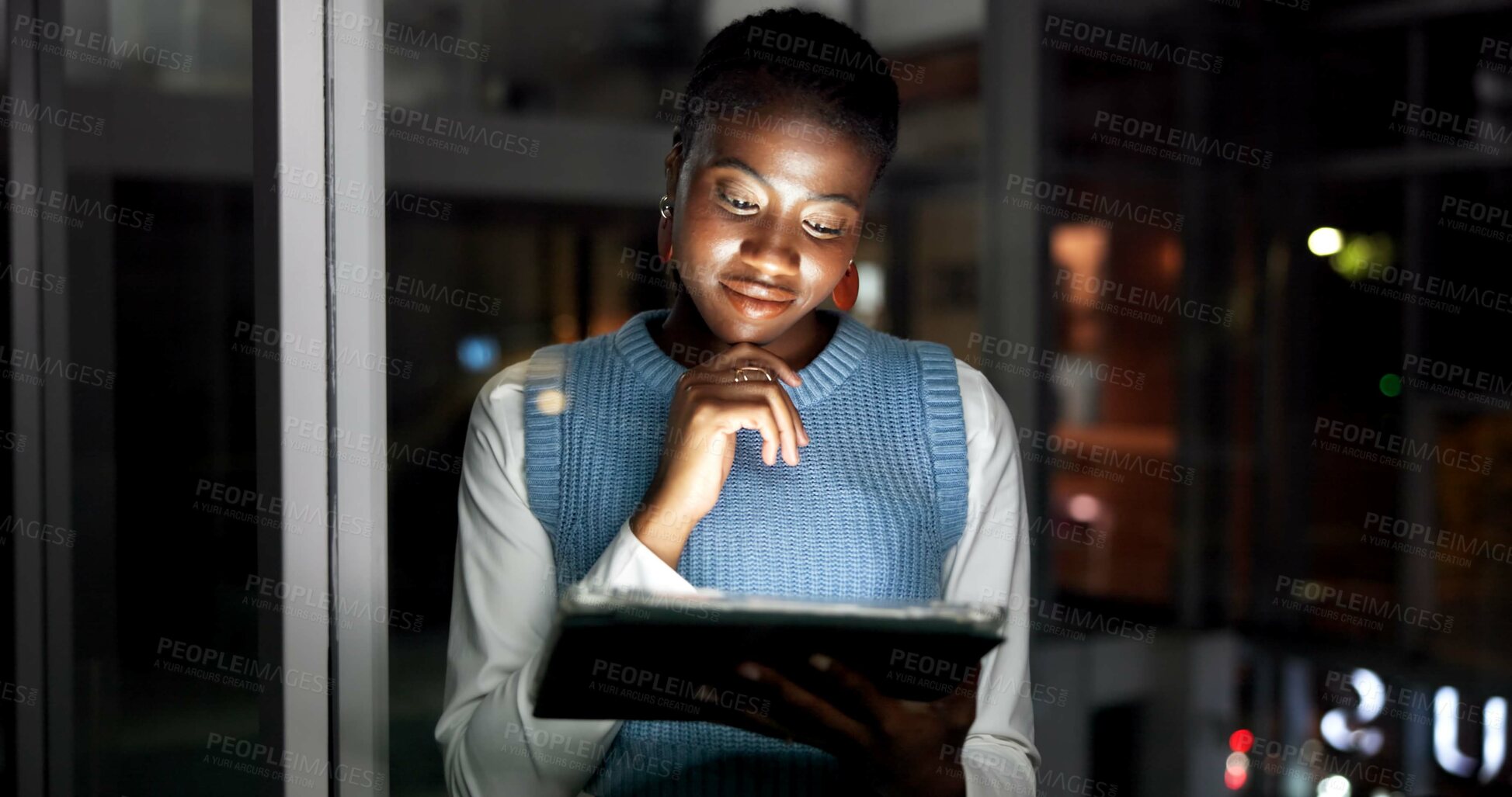Buy stock photo Reading, tablet and thinking with business black woman in office at night for online development. App, information and planning with African employee in dark workplace for research or solution