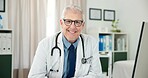 Portrait, man and doctor with glasses in office for appointment, patient care and medical advice. Smile, mature person and ambition for consultation, pediatrician or healthcare services for treatment
