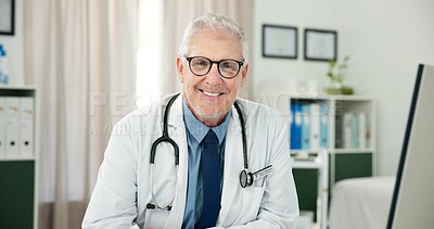 Buy stock photo Portrait, man and doctor with glasses in office for appointment, patient care and medical advice. Smile, mature person and ambition for consultation, pediatrician or healthcare services for treatment