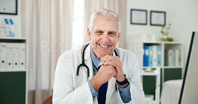 Buy stock photo Happy, man and doctor with portrait in office for checkup, patient care and medical advice. Smile, mature person and pediatrician with ambition, consultation and healthcare services for treatment