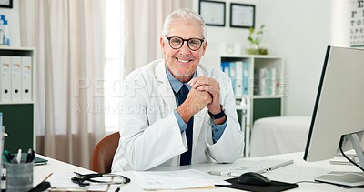 Buy stock photo Portrait, man and doctor with smile in office for appointment, patient care and medical advice. Happy, mature person and confident for consultation, pediatrician and healthcare services for treatment