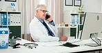 Phone call, doctor and talk with man in office  of hospital for telehealth advice, medical diagnosis or contact. Healthcare expert, virtual consulting or treatment update with mature person in clinic