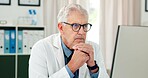 Computer, doctor and reading with man in office  of hospital for telehealth report, medical diagnosis or research. Healthcare expert, virtual consulting or treatment update with mature person