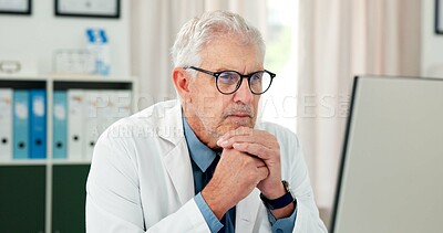 Buy stock photo Computer, doctor and reading with man in office  of hospital for telehealth report, medical diagnosis or research. Healthcare expert, virtual consulting or treatment update with mature person