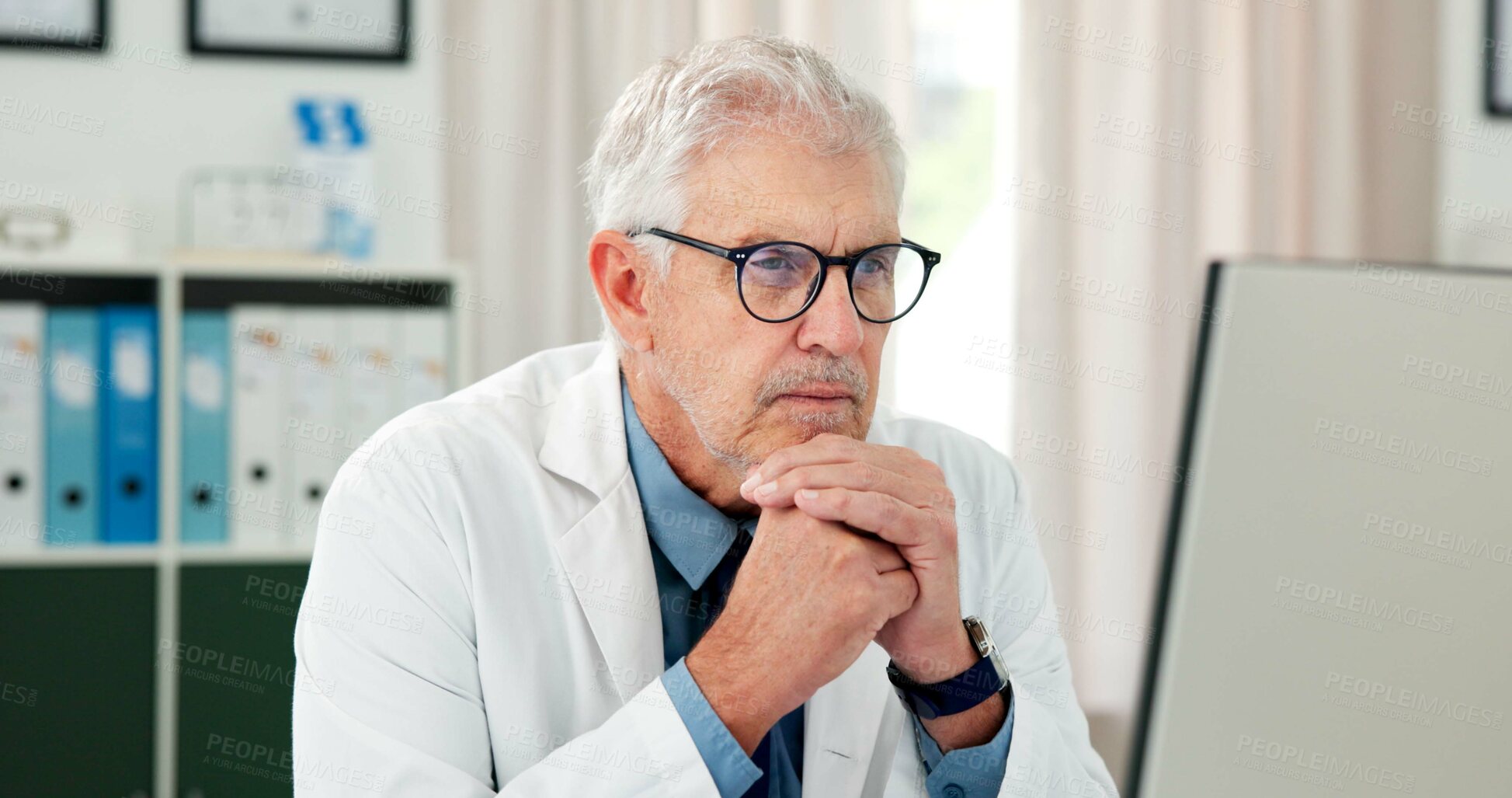 Buy stock photo Computer, doctor and reading with man in office  of hospital for telehealth report, medical diagnosis or research. Healthcare expert, virtual consulting or treatment update with mature person