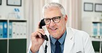 Phone call, doctor and glasses with man in office  of hospital for telehealth advice, medical diagnosis or contact. Healthcare, telephone consultant or treatment update with mature person in clinic