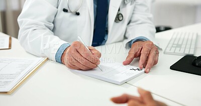 Buy stock photo Hands, patient and doctor with prescription pad, writing and healthcare professional. Medical service, people and appointment in hospital, information and feedback for diagnosis and consultation