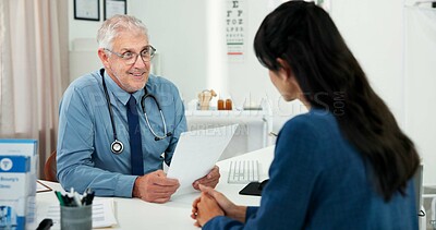 Buy stock photo Paperwork, consultation and doctor with woman in hospital with medical diagnosis in office. Documents, checkup and mature healthcare worker with female patient for planning treatment in clinic.