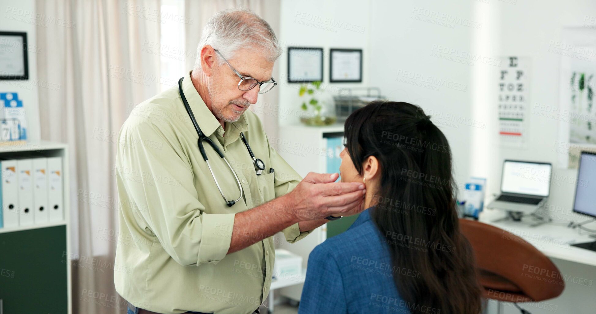 Buy stock photo Consultation, throat pain and doctor with woman in hospital for injury or swollen lymph nodes. Checkup, discussion and mature healthcare worker with female patient for medical examination in clinic