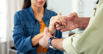 Buy stock photo Consultation, hand pain and doctor with woman in hospital for injury, carpal tunnel or muscle sprain. Checkup, discussion and mature healthcare worker with female patient for medical examination.