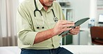 Tablet, doctor and hands with man in office  of hospital for telehealth advice, medical diagnosis or feedback. Healthcare expert, online report or treatment update with mature person in clinic