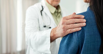 Buy stock photo Support, hands and doctor with patient in clinic, cancer diagnosis and sympathy for healthcare follow up. Empathy, help and gp with person for medical consultation, compassion and comfort for results