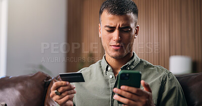 Buy stock photo Credit card, confused and man with phone in home with payment error, purchase and online shopping. Ecommerce, doubt and person with bank info on smartphone for glitch, mistake and transaction issue