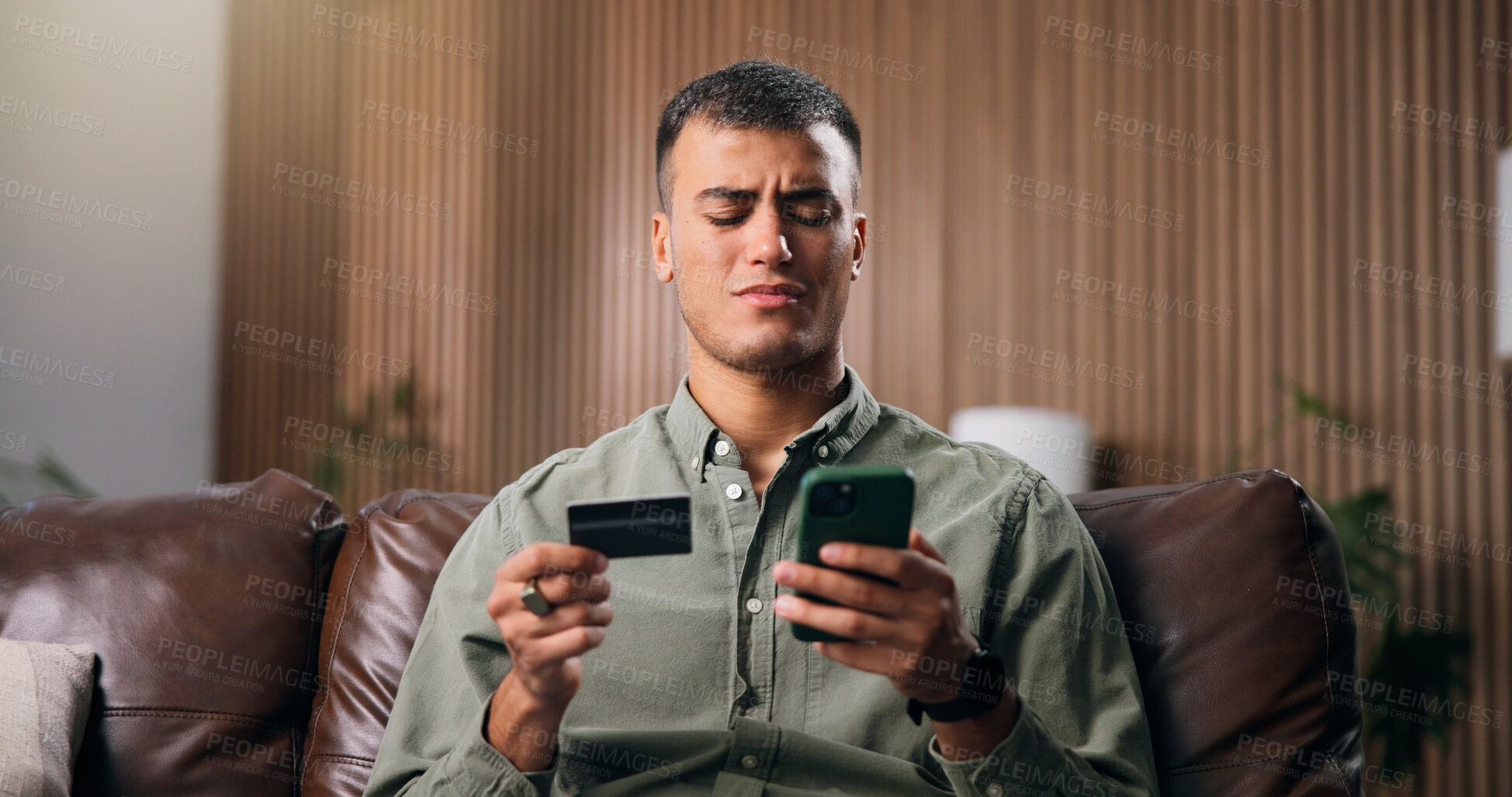 Buy stock photo Credit card, mistake and man with phone in home with payment error, purchase and online shopping. Ecommerce, confused and person with bank info on smartphone for glitch, scam and transaction issue