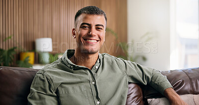 Buy stock photo Happy, portrait and man on couch in home for weekend, rest and afternoon break. Smile, wellness and male person relax on sofa with confidence, positive attitude and pride in house living room