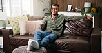 Smile, remote and man on sofa for watching tv, movie, show or series in living room for weekend. Relax, subscription and male person in home for streaming film, channel and television in apartment