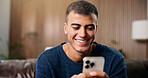 Relax, happy and man in home with phone for social media, online dating and chat on weekend. Smile, house and person on smartphone for internet, connection and reading notification on mobile app