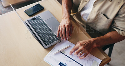 Buy stock photo Hands, documents and man on laptop in cafe for finance review, budget planning and research. Coffee shop, above and person on computer with paperwork, graph and statistics for financial analysis
