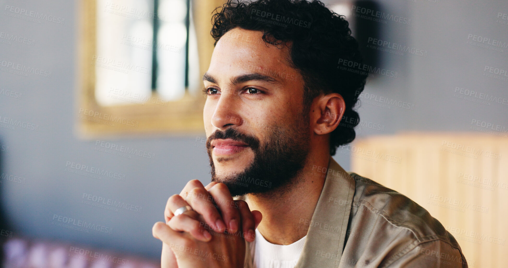 Buy stock photo Smile, man and relax with thinking in cafe for startup vision, venture opportunity and daydreaming. Happy, entrepreneur and thoughtful in restaurant for career mission, planning future and reflection