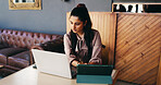 Remote work, tech and woman in coffee shop for editing, online article and submission review. Creative, cafe and person on laptop and tablet for research, proofreading and story pitch for copywriting