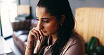 Serious, woman and employee with ideas in cafe, reporter and planning for magazine story or project. Creative, person and reflection for article deadline, journalist and decision for publication