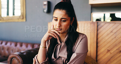 Buy stock photo Serious, woman and reporter with ideas in cafe, thinking and planning for magazine story or project. Creative, person and reflection for article deadline, journalist and decision for publication