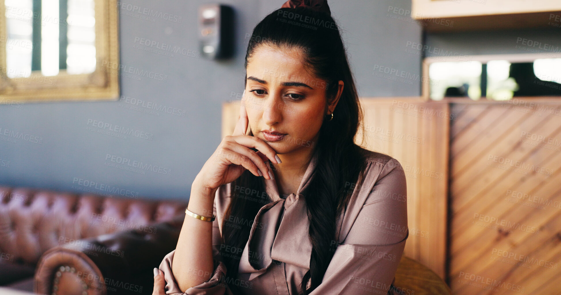 Buy stock photo Serious, woman and reporter with ideas in cafe, thinking and planning for magazine story or project. Creative, person and reflection for article deadline, journalist and decision for publication