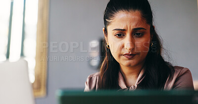 Buy stock photo Manager, woman and confused with tech in cafe for bad review, stock mistake or wrong order. Restaurant owner, laptop and tablet with doubt for customer complaint, menu error or poor rating on website