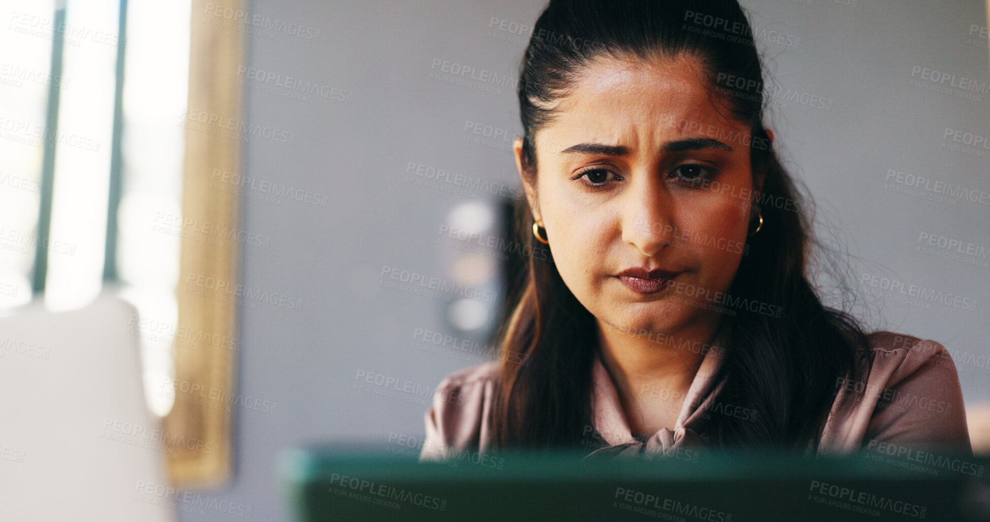 Buy stock photo Manager, woman and confused with tech in cafe for bad review, stock mistake or wrong order. Restaurant owner, laptop and tablet with doubt for customer complaint, menu error or poor rating on website