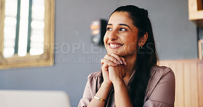 Buy stock photo Woman, relax or thinking in restaurant with smile, remote work opportunity or marketing startup idea. Happy, person or freelancer in cafe with reflection, planning or vision for advertising business.
