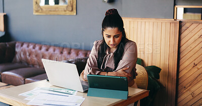 Buy stock photo Remote work, documents and woman on tech in cafe for finance review, budget planning and research. Coffee shop, reading and person on computer with paperwork, graph and charts for financial analysis