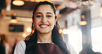 Portrait, entrepreneur or woman with confidence in restaurant, hospitality or customer service career. Smile, professional or business owner with pride for dining experience, startup or food industry