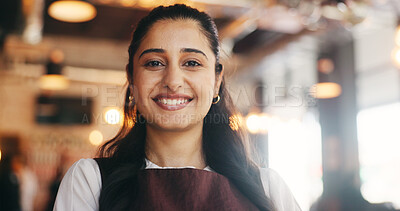 Buy stock photo Portrait, entrepreneur or woman with confidence in restaurant, hospitality or customer service career. Smile, professional or business owner with pride for dining experience, startup or food industry