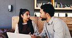 Businessman, woman and discussion with laptop at startup for planning, review or insight at media company. People, writer and editor with computer with proposal, report or feedback at creative agency