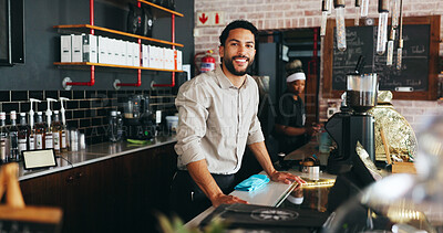 Buy stock photo Man, business owner and happy in portrait at restaurant with confidence, pride and counter at cafe. Person, barista and smile at bar with cloth, catering and service for entrepreneurship at diner