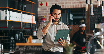 Buy stock photo Phone call, manager and man on tablet in restaurant for online orders, inventory delivery and logistics. Talking, hospitality and person on tech for communication, stock supplier and booking schedule