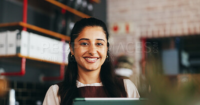Buy stock photo Happy woman, waitress and tablet at restaurant in portrait with digital menu, pride and confidence at cafe. Person, tech and smile with application, job or checklist for service at diner in Mexico
