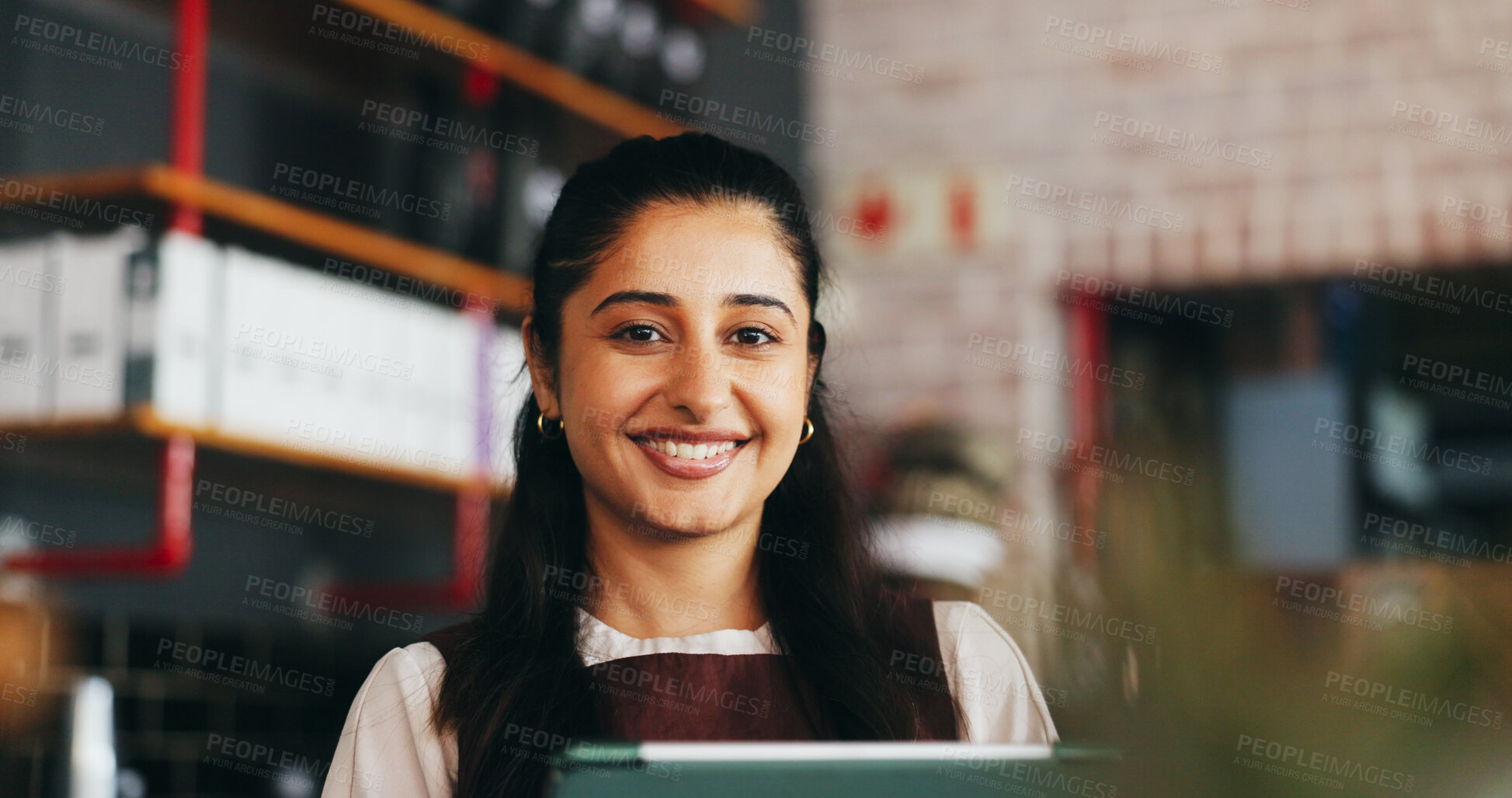 Buy stock photo Happy woman, waitress and tablet at restaurant in portrait with digital menu, pride and confidence at cafe. Person, tech and smile with application, job or checklist for service at diner in Mexico