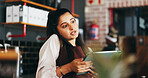 Phone call, planning and woman on tablet in restaurant for online orders, inventory delivery and logistics. Manager, hospitality and person on tech for contact, stock supplier and booking schedule