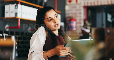 Buy stock photo Phone call, planning and woman on tablet in restaurant for online orders, inventory delivery and logistics. Manager, hospitality and person on tech for contact, stock supplier and booking schedule
