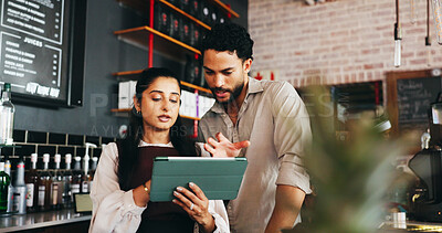 Buy stock photo Entrepreneur, couple or discussion on tablet in coffee shop, menu management or remove sold out items. Online order app, review sales or people with food list optimization, tech or price update talk