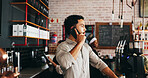 Talking, business owner or man with phone call in cafe, supplier contact or address customer inquiry. Vendor negotiation, tech or manager planning for stock delivery, booking or reservation details