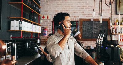 Buy stock photo Talking, business owner or man with phone call in cafe, supplier contact or address customer inquiry. Vendor negotiation, tech or manager planning for stock delivery, booking or reservation details