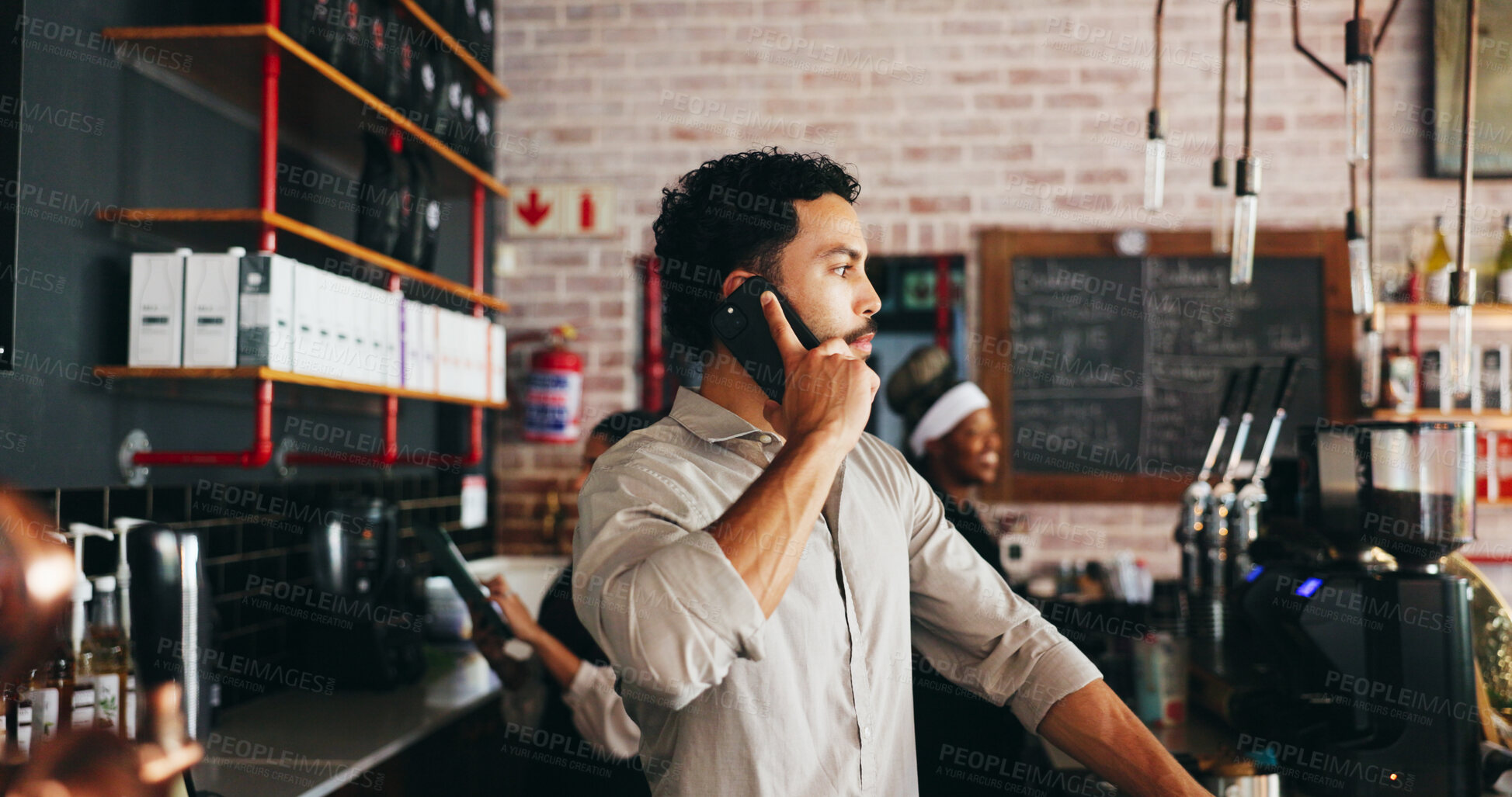 Buy stock photo Talking, business owner or man with phone call in cafe, supplier contact or address customer inquiry. Vendor negotiation, tech or manager planning for stock delivery, booking or reservation details